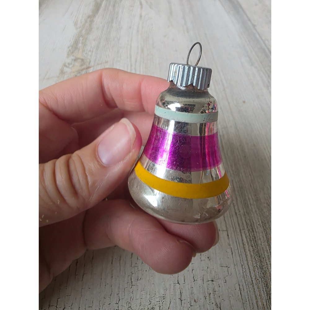 Vintage shiny Brite striped pink bell glass ornament Mercury Xmas tree